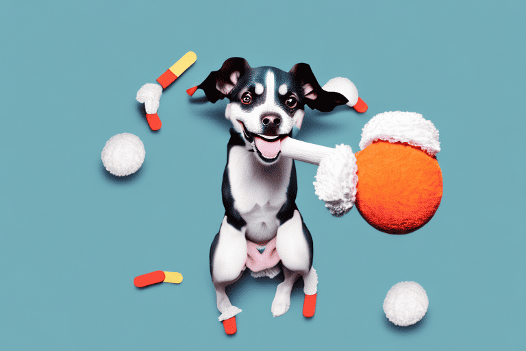 A dog playfully chewing on a toy with stuffing spilling out