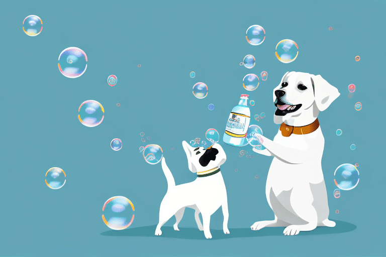 A dog happily playing with bubbles