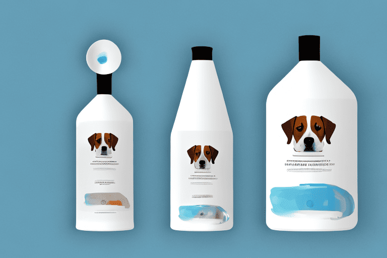 A dog sitting near a bottle of regular conditioner and a bottle of dog-specific conditioner