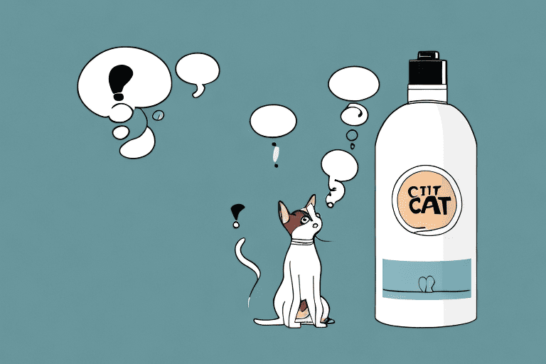 A curious dog looking at a bottle of cat shampoo