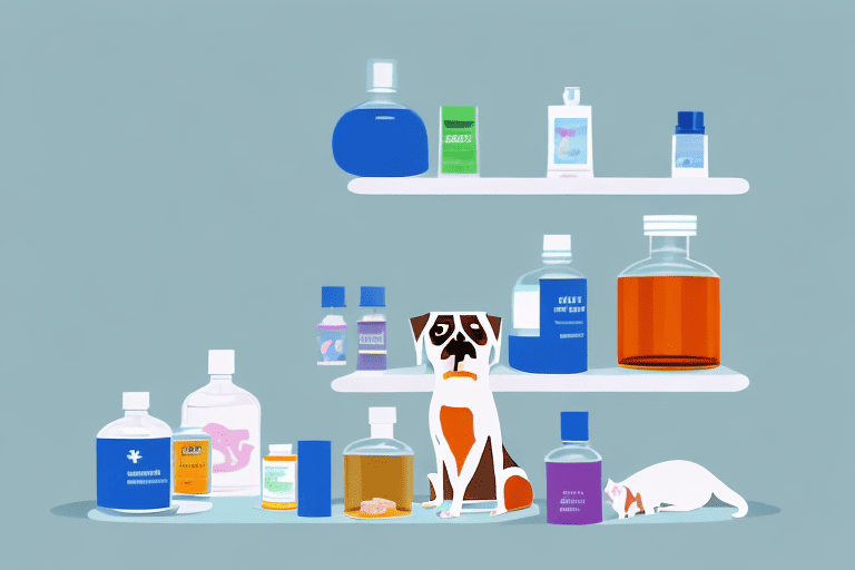 A dog looking curiously at a bottle of secnidazole placed on a table