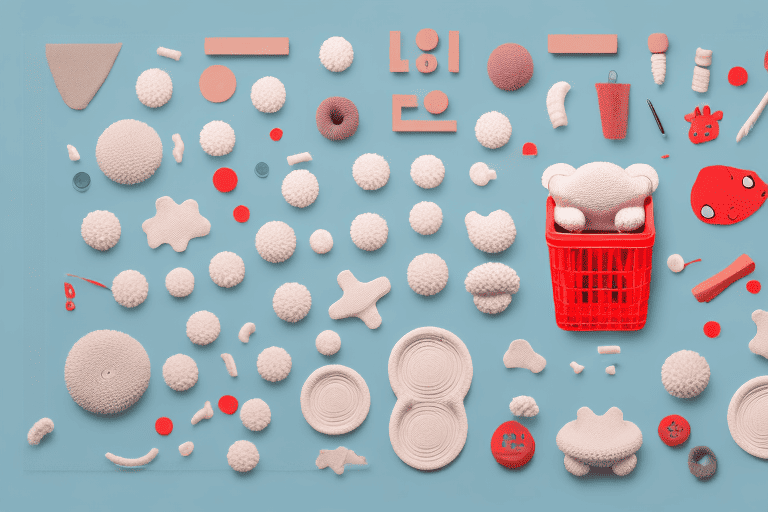 A variety of tripe pieces surrounded by dog toys and accessories