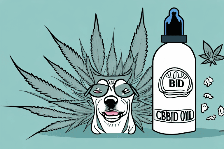 A dog sneezing near a bottle of cbd oil and a hemp plant