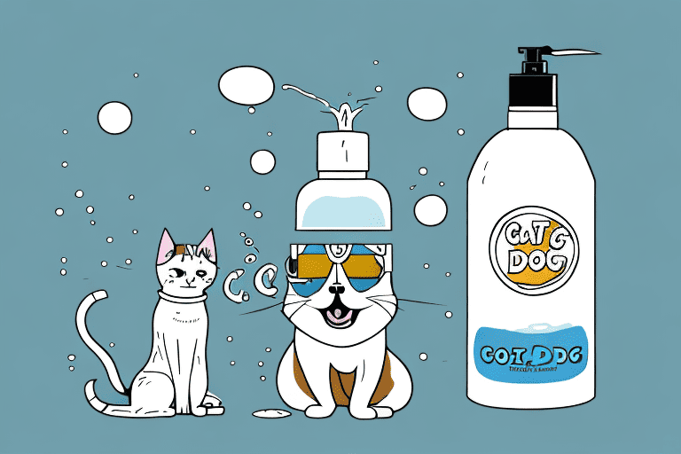 A curious dog sitting next to a bottle of cat shampoo