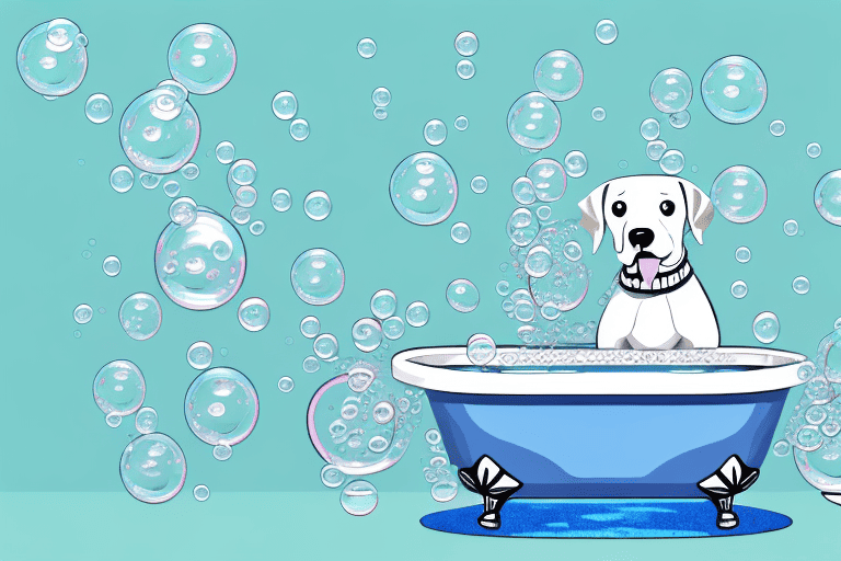 A dog sitting in a bathtub filled with bubbles