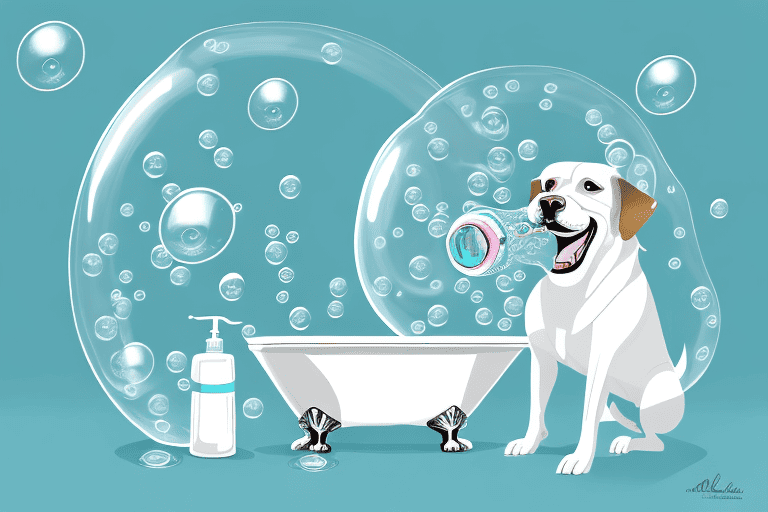 A dog happily playing in bubbles