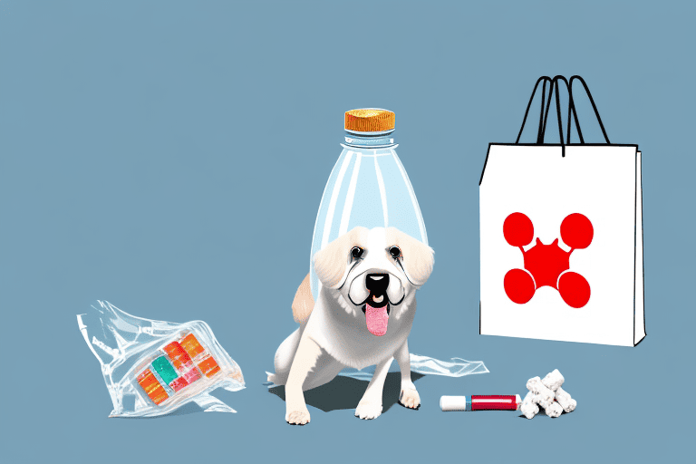 A dog sitting next to a shopping bag filled with a medicine bottle and a bone