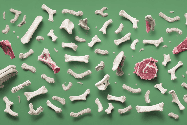 A variety of raw beef bones scattered on a grassy background with a playful dog nearby