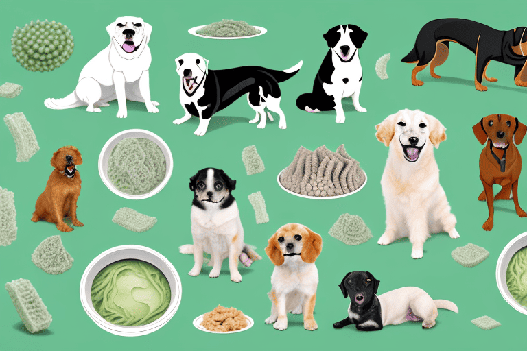 A variety of dogs eagerly surrounding a large bowl filled with raw green tripe in a pet-friendly store setting