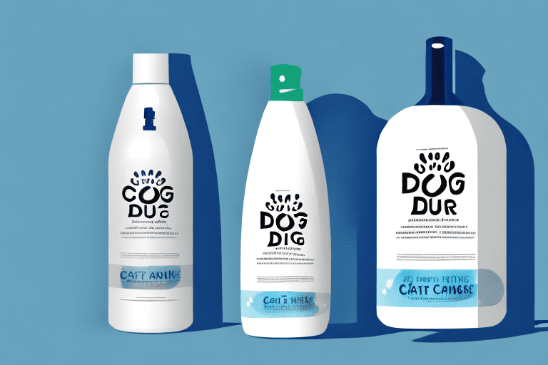 A curious dog sitting next to a bottle of cat shampoo