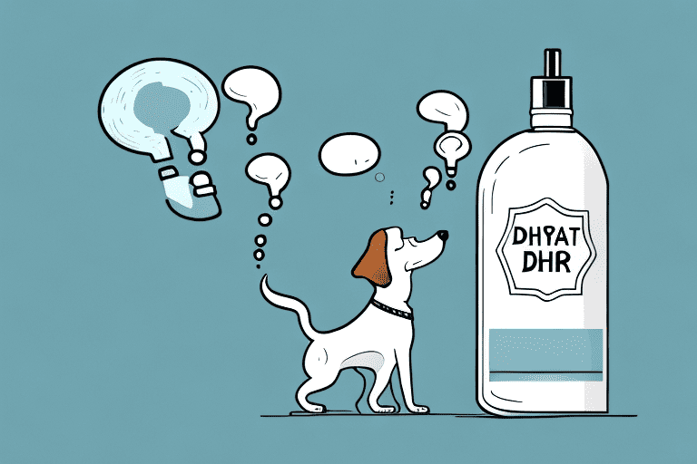 A curious dog sniffing a bottle of human dry shampoo