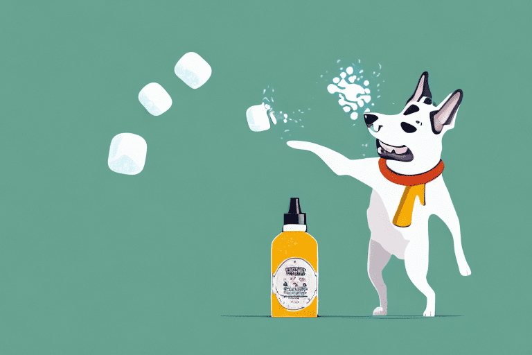 A dog happily playing in a park with a bottle of menthol spray nearby