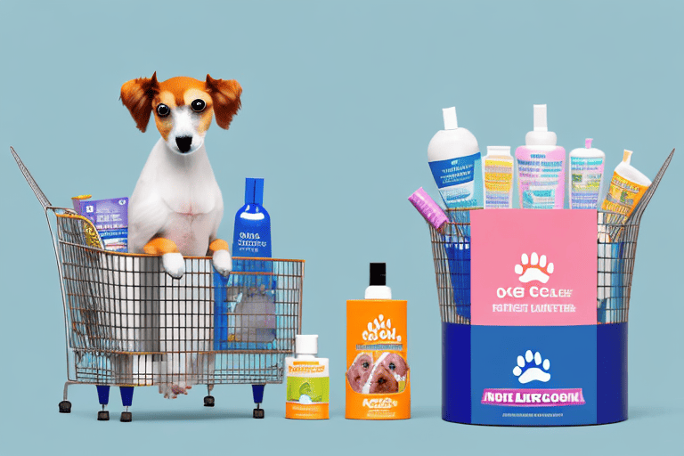 A dog standing near a shopping basket filled with various pet care products