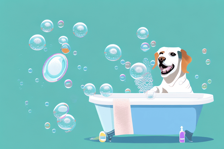 A dog happily bathing in a tub filled with bubbles