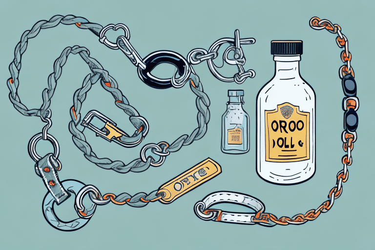 A bottle of oregano oil next to a dog collar and a leash