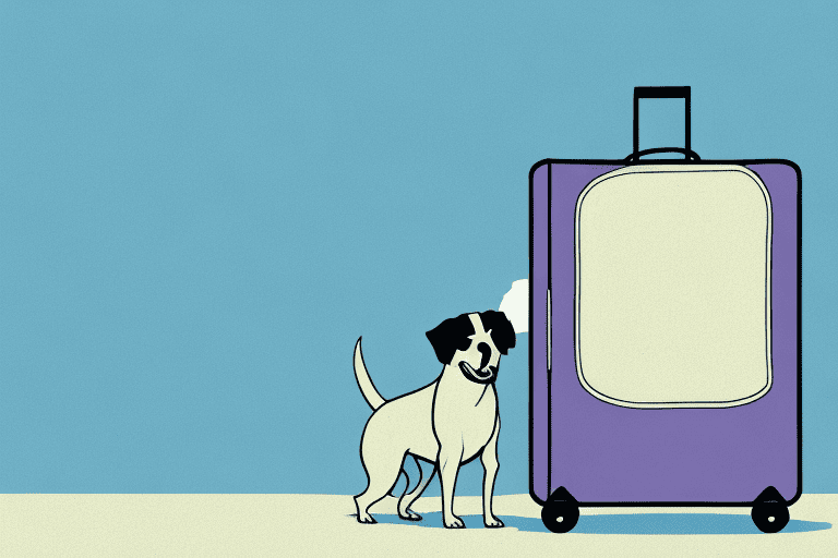 A dog with a suitcase standing at the entrance of a well-equipped dog training facility