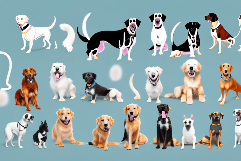 A variety of trained dogs with different breeds