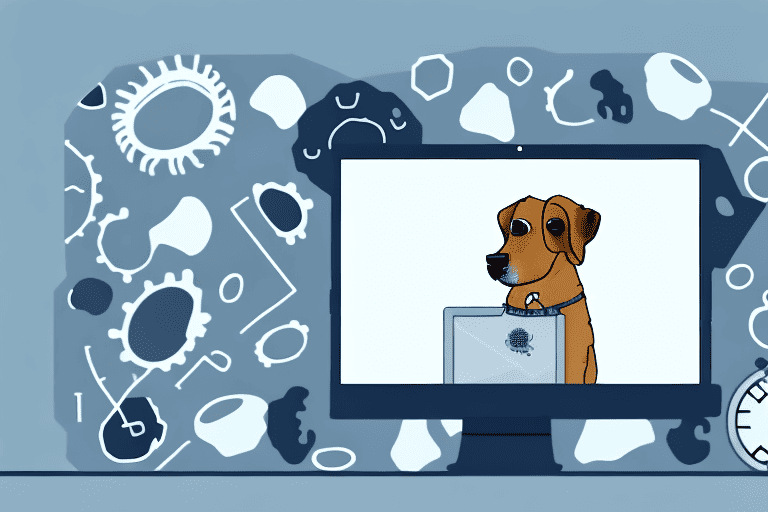 A dog sitting in front of a computer screen displaying a bone