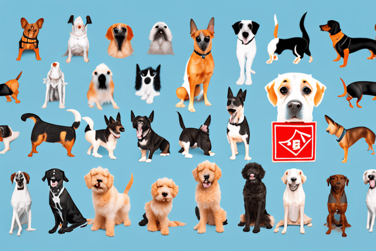 A variety of dog breeds in a friendly