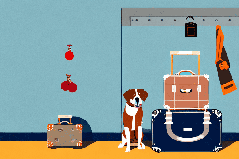 A dog with a suitcase standing at the entrance of a dog training facility