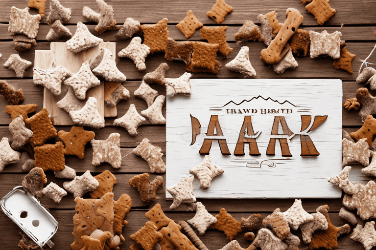 A variety of bark and harvest dog treats arranged in a rustic setting