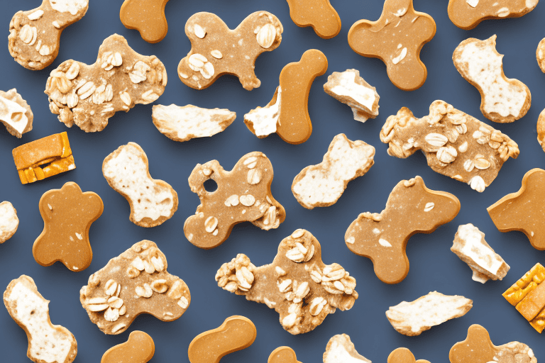 A variety of bark brittle dog treats scattered around