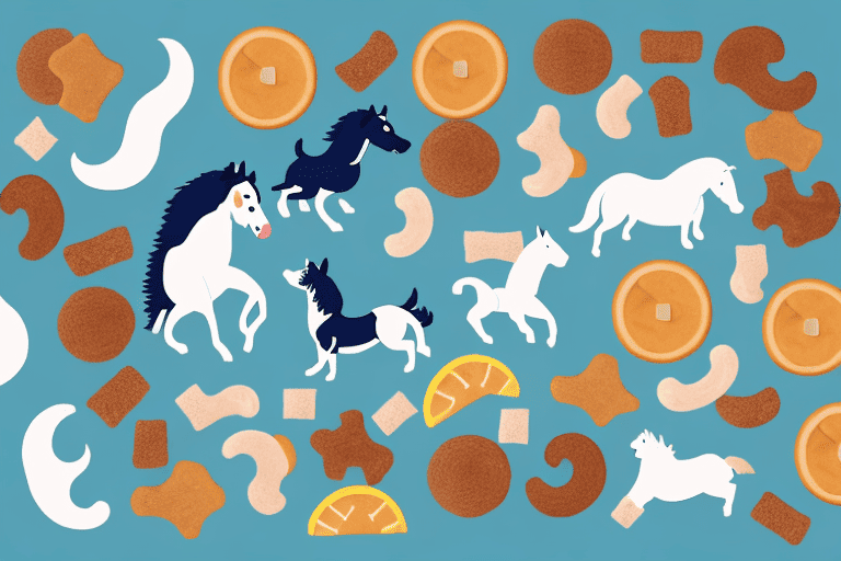 A curious dog sniffing at a variety of horse treats laid out on a mat