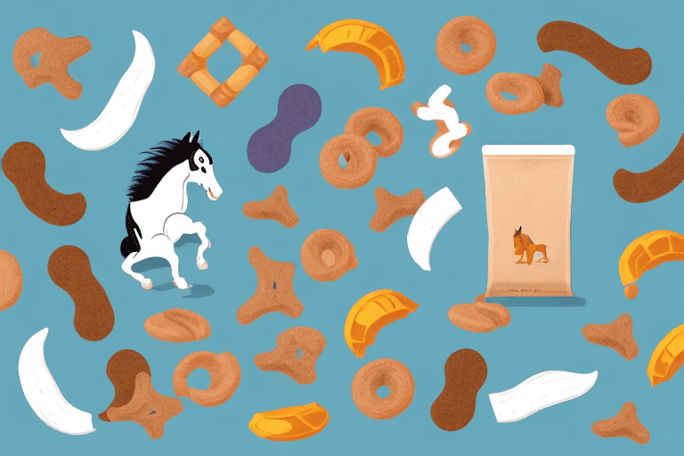 A curious dog sniffing a variety of horse treats laid out on a mat