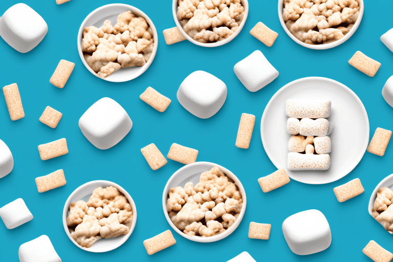 A curious dog looking longingly at a plate of rice krispie treats with marshmallows on a kitchen counter