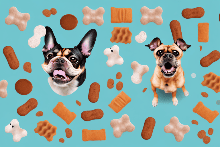 A dog surrounded by a variety of dog treats