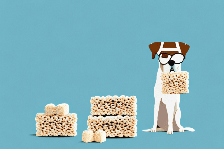 A curious dog sitting in front of a bowl of rice krispies treats