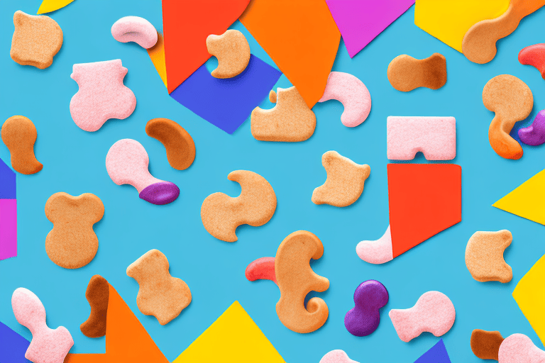 A curious dog sniffing a variety of colorful and uniquely shaped dog treats laid out on a table