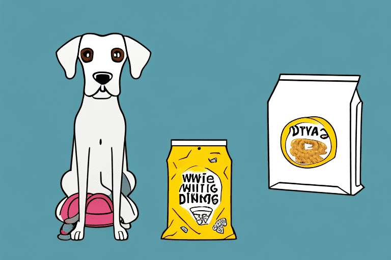 A worried dog sitting next to a bag of expired dog treats