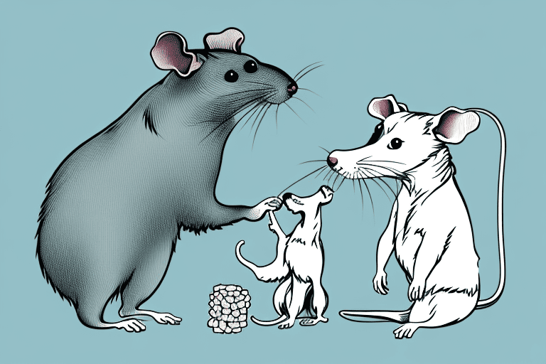 A curious rat examining a dog treat on one side and a dog watching it from the other side