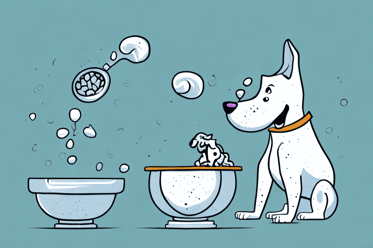 A perplexed dog barking at a bowl of dog food