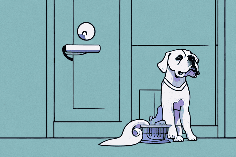 A curious dog sitting patiently outside a closed bathroom door