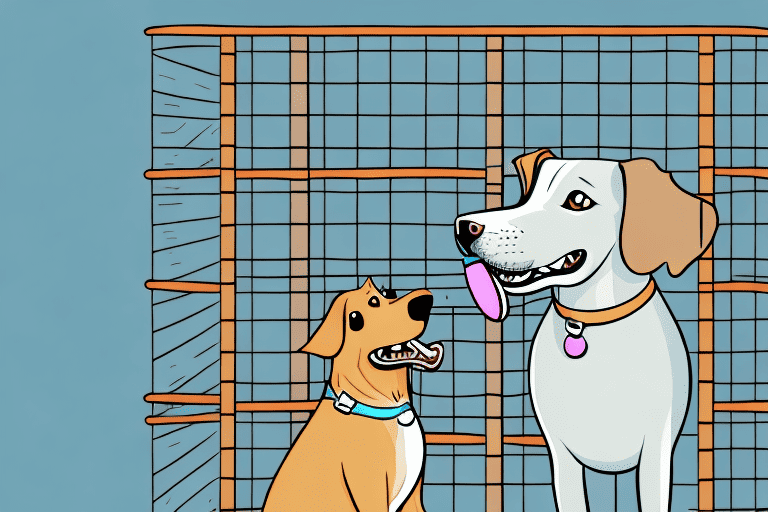 A curious dog enthusiastically licking the bars of its cage