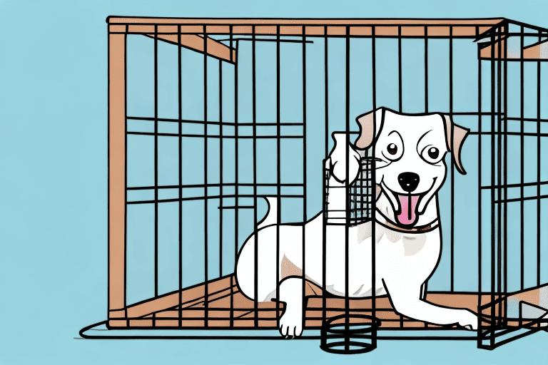 A curious dog happily licking the bars of an open crate in a cozy room setting