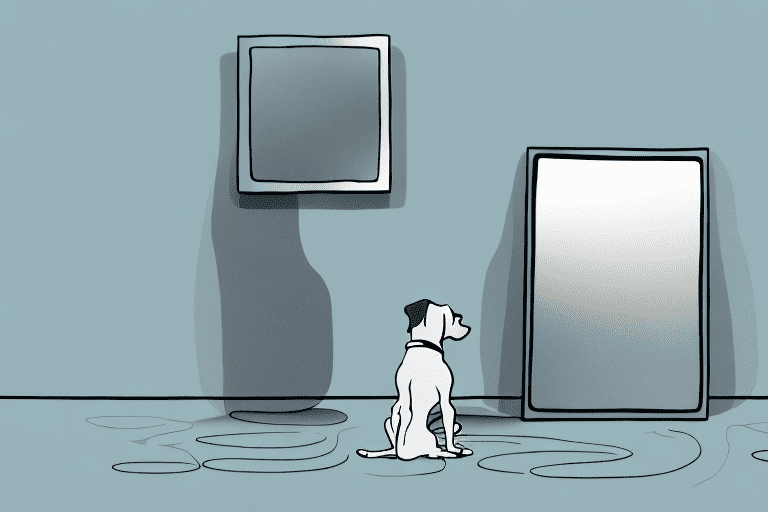 A curious dog looking at its own reflection in a full-length mirror