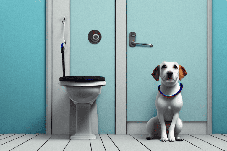 A curious dog sitting patiently outside a closed bathroom door