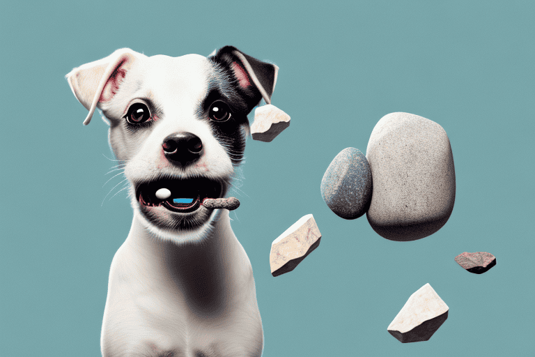 A curious dog gently holding a rock in her mouth