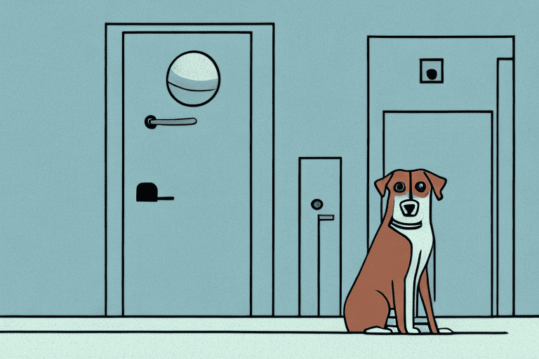 A curious dog sitting patiently outside a closed bathroom door