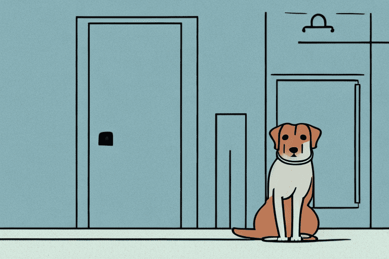 A curious dog sitting patiently outside a closed bathroom door