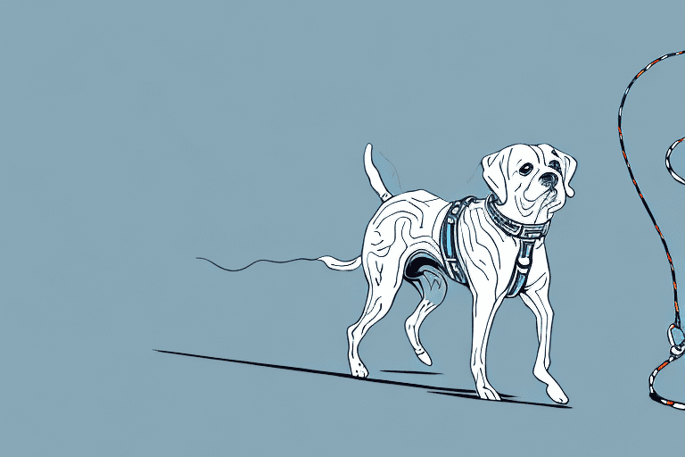 A dog confidently striding ahead on a leash