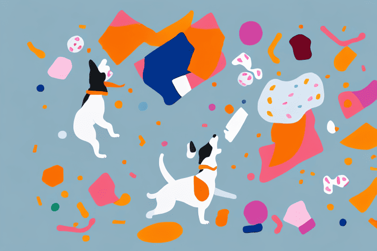 A playful dog dragging a colorful blanket around a cozy