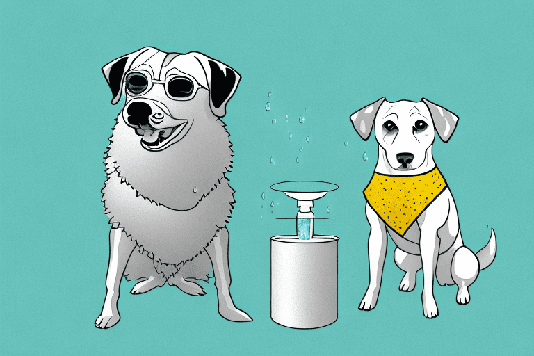 A confused dog standing next to a water bowl with a few drops of pee in it