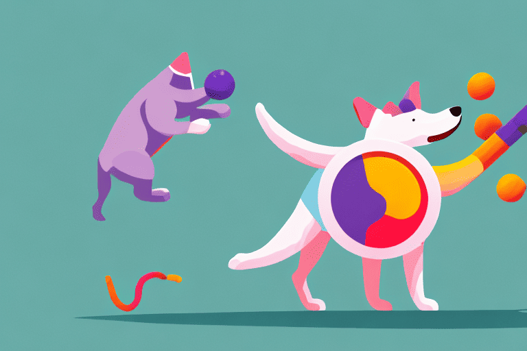 A playful dog pushing a colorful toy with its snout towards a pair of human legs