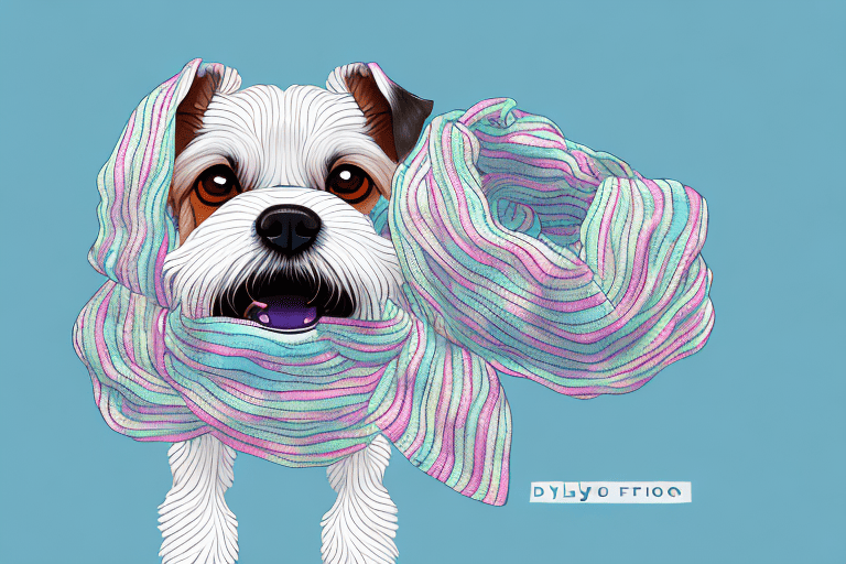 A dog playfully wrapping its body around a scarf