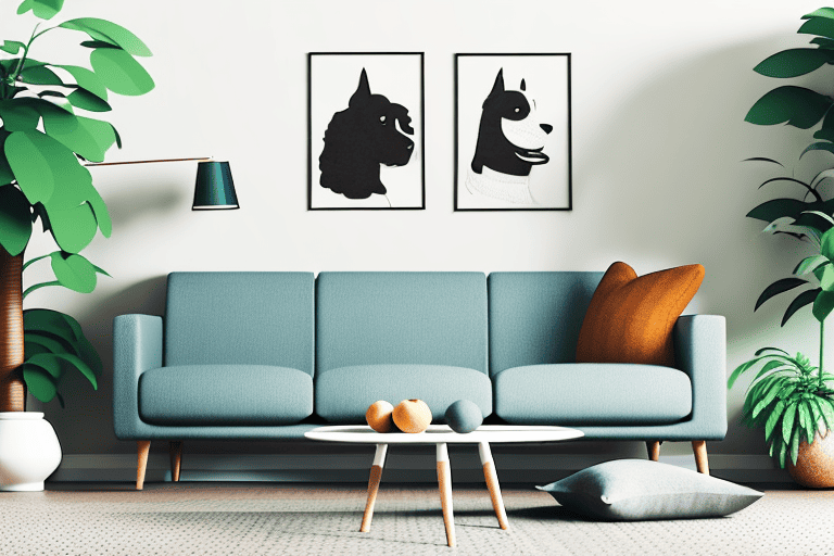 A cozy living room scene with a dog comfortably nestled behind the cushions of a couch