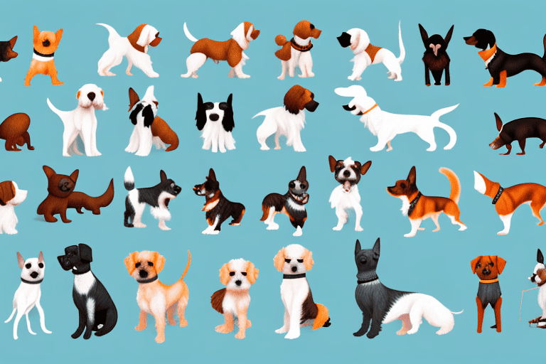 Several different types of small dog breeds in a park-like setting